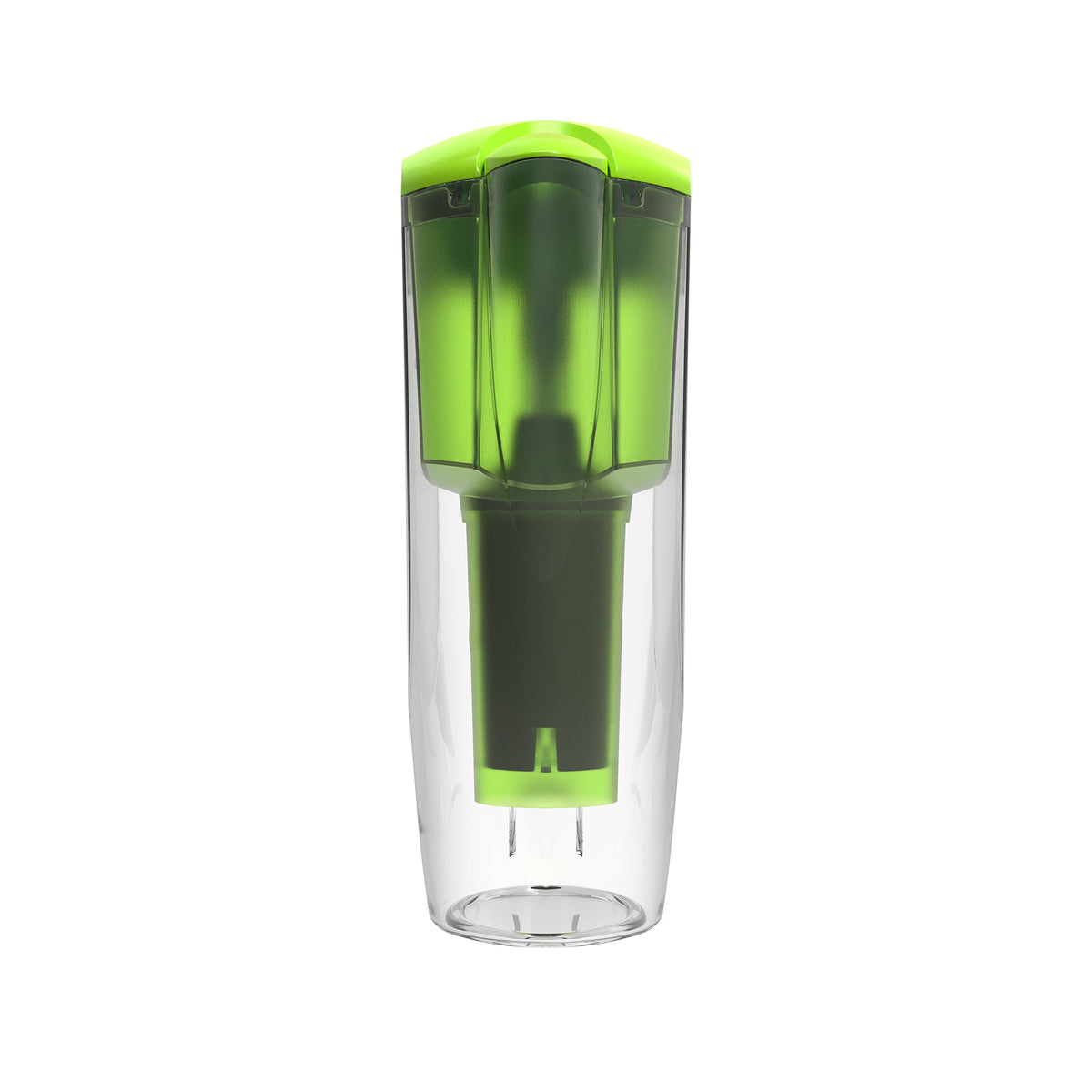 Drinkpod alkaline water filter pitcher in lime green, front view, 2.5 litre