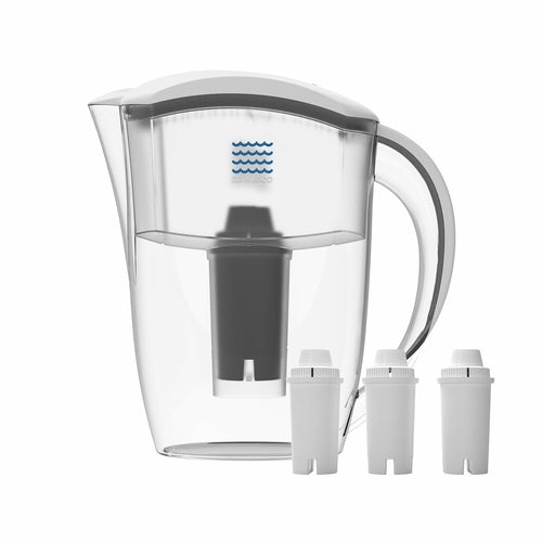 White Drinkpod alkaline water pitcher shown with its 8-stage alkaline replacement filters